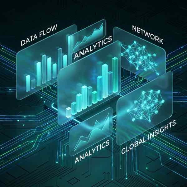 Абстрактная визуализация данных и графиков умной аналитики в современном интерфейсе