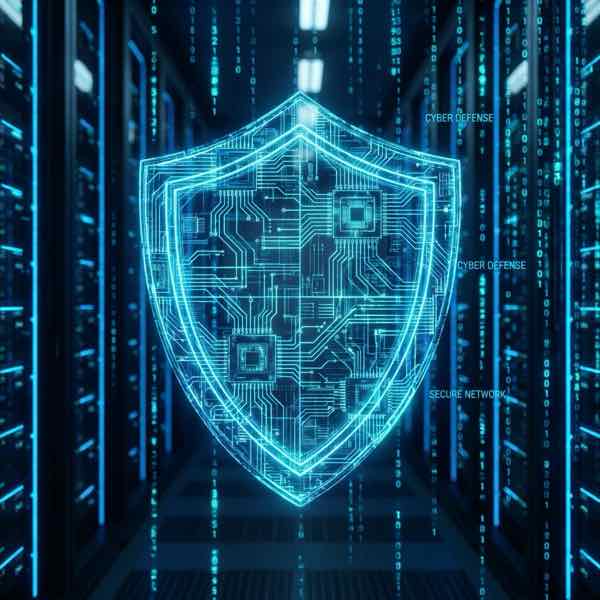 Цифровой защитный щит и потоки данных, символизирующие высокую кибербезопасность платформы